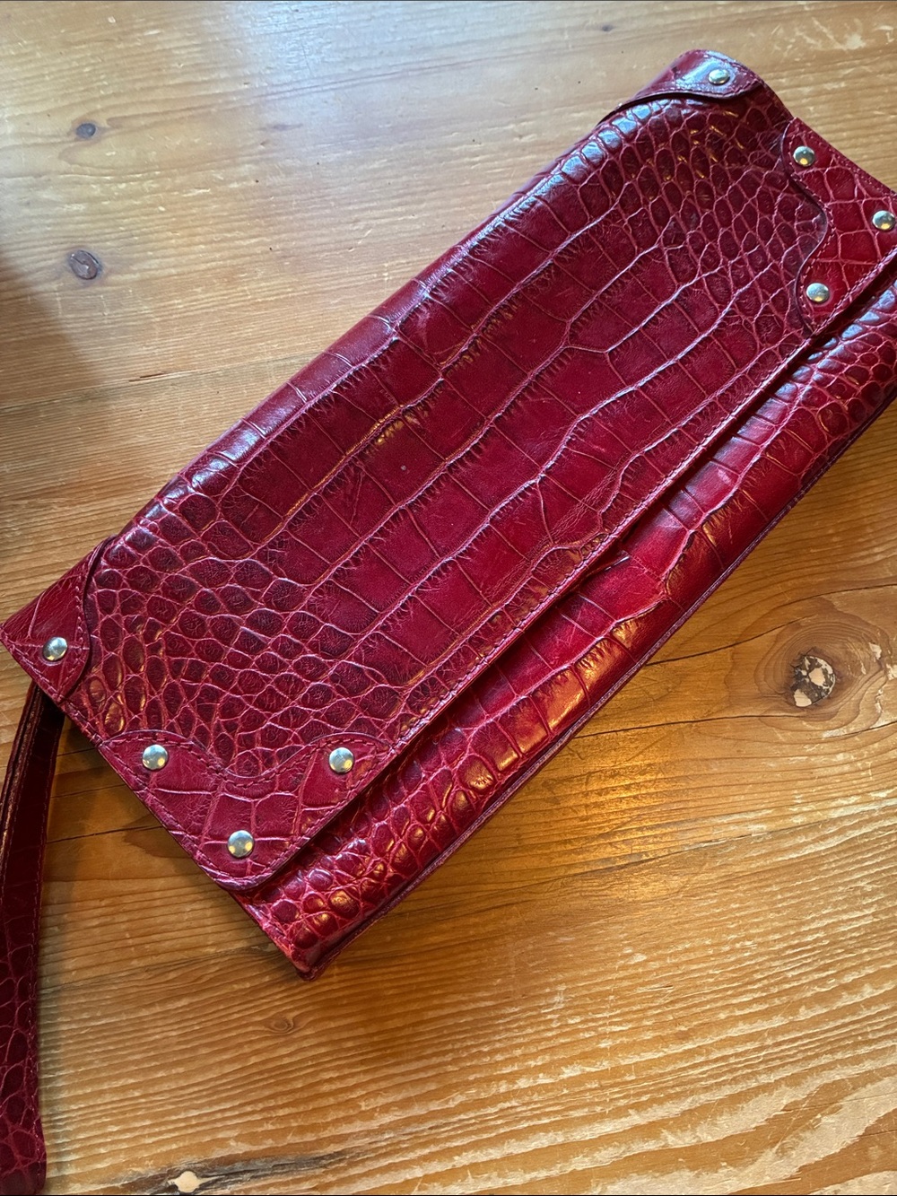 Vintage Claudia Firenze Embossed Red Leather Studded Large Clutch Wristlet Bag